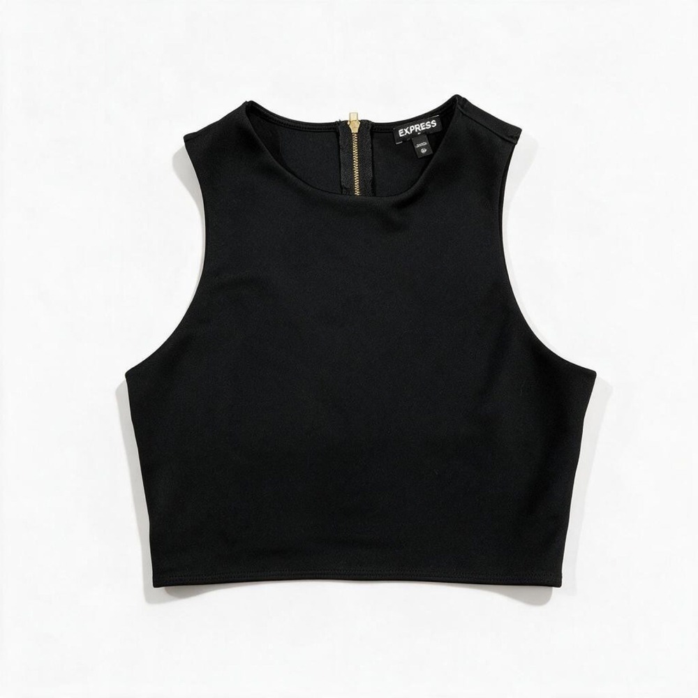 Express Womens XS Black Crop Top Sleeveless Gold Zipper Minimalist